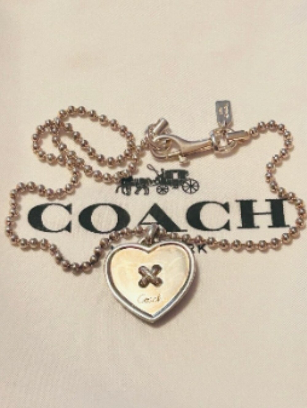 Coach Sterling Silver Heart Button Pendant Ball Chain Necklace Rare Vintage